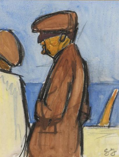 null Léon JOUHAUD (1874-1950).
Promeneur au béret en bord de mer.
Aquarelle monogrammée...