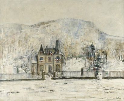 null Bernard GANTNER (1928-2008). 
La mairie en hiver.
Huile sur toile signée et...