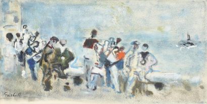 null Alexandre Sacha GARBELL (1903-1970).
Promeneurs sur la plage.
Huile et pastel...