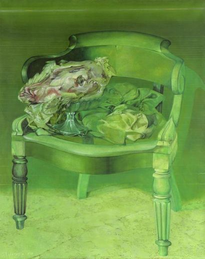 null Augusto PAVANEL (né en 1940).
Le fauteuil vert.
Huile sur toile signée en bas...