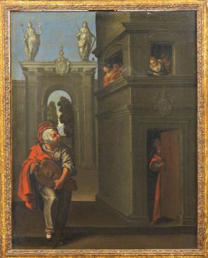 École Flamande du XVIIème siècle La sérénade Huile sur toile (rentoilée, restaurations)...