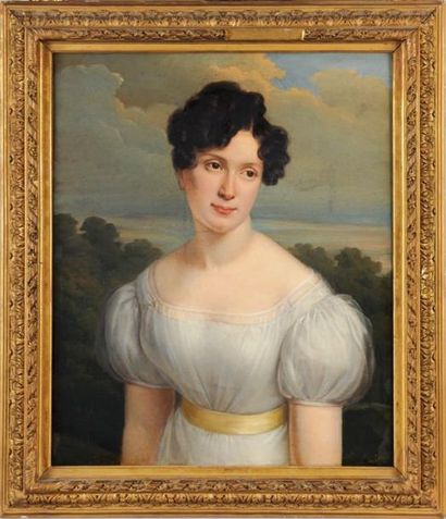 École Française néoclassique Portrait de femme à la robe blanche Huile sur toile...