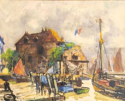 Bernard LACHÈVRE (1885 - 1950) Honfleur, la Lieutenance, bateaux dans les vieux bassins...