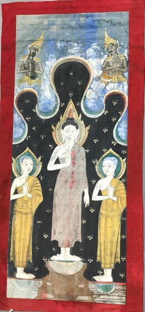 null THAÏLANDE - Début XXe siècle. 
Grande peinture de temple bouddhiste représentant...