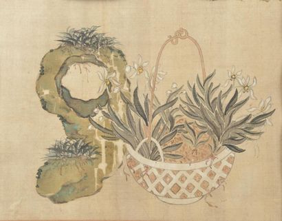 null CHINE - Fin du XIXe siècle.
Panier fleuri et rocher percé.
Peinture sur soie...
