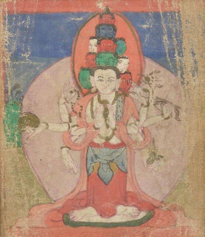 null TIBET - Vers 1900.
Echantillon de tangka, détrempe sur toile, Avalokitesvara...