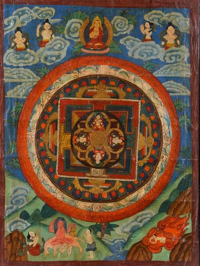 null TIBET - XXe siècle.

Deux tangkas peints sur toile à décor mythologique (sans...