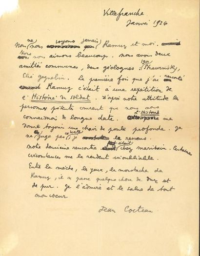 null *Jean COCTEAU. MANUSCRIT autographe signé, Villefranche [19] janvier 1926, envoyé...