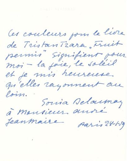 null *Sonia DELAUNAY. L.A.S., Paris 24 janvier 1959, à André JEANMAIRE ; 1 page petit...