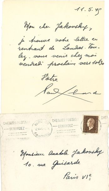 null *Paul ÉLUARD. L.A.S., 11 mai 1945, à Anatole JAKOVSKY ; demi-page in-8, enveloppe.

...