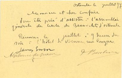 null *James ENSOR (1860-1949). 5 L.A.S., Ostende juillet 1897 ; cosignées par Félix...