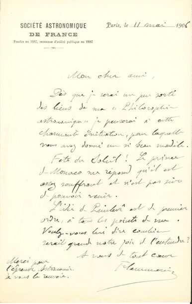 null *Camille FLAMMARION. 3 L.A.S., Paris 1906-1919, et un MANUSCRIT signé ; 1 page...