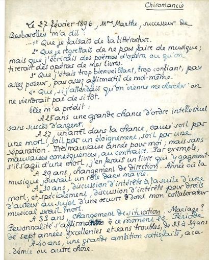 null *Pierre LOUŸS. MANUSCRIT autographe, Chiromancie, 1896 ; 1 page et demie in-4...