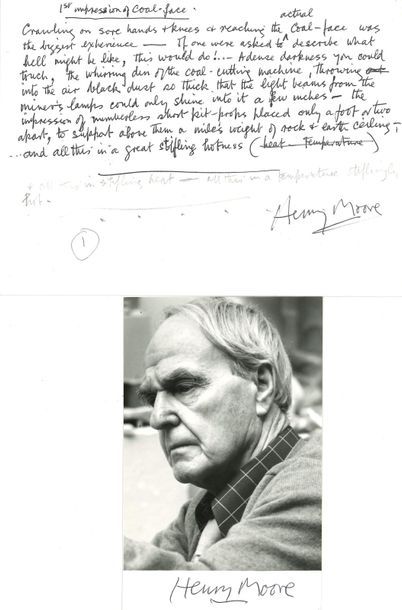 null *Henry MOORE. MANUSCRIT autographe signé, 1st impression of coal-face ; 1 page...