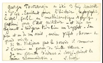 null *Louis PASTEUR (1822-1895). L.A.S. au dos de sa carte de visite (11 lignes)...