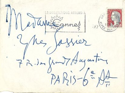 null *Pablo PICASSO (1881-1973). Enveloppe autographe avec sa signature au verso,...