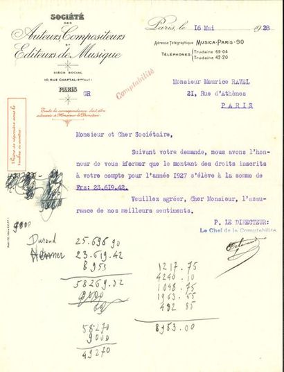 null *Maurice RAVEL (1875-1937). COMPTES autographes sur une L.S. à lui adressée,...