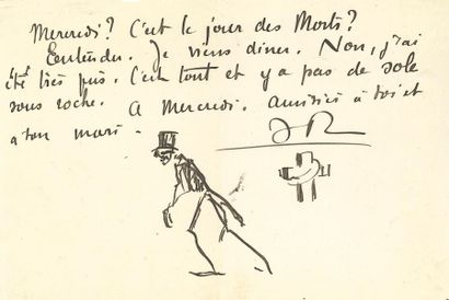 null *Jehan RICTUS (1867-1933). L.A.S. « JR » avec DESSIN ; 1 page oblong in-8.

...