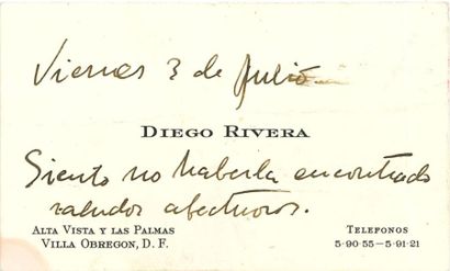 null *Diego RIVERA (1886-1957) peintre mexicain. Carte de visite avec 3 lignes autographes...