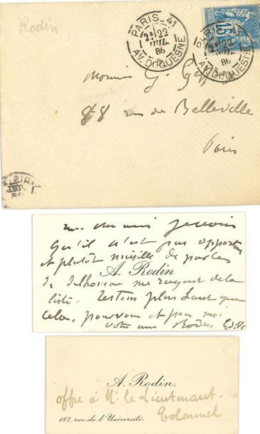 null *Auguste RODIN (1840-1917). L.A.S. sur sa carte de visite, [22 juillet 1886],...