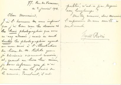 null *Auguste RODIN. L.S., 2 janvier 1914 ; 1 page et demie in-8 (trous de classeur).

...
