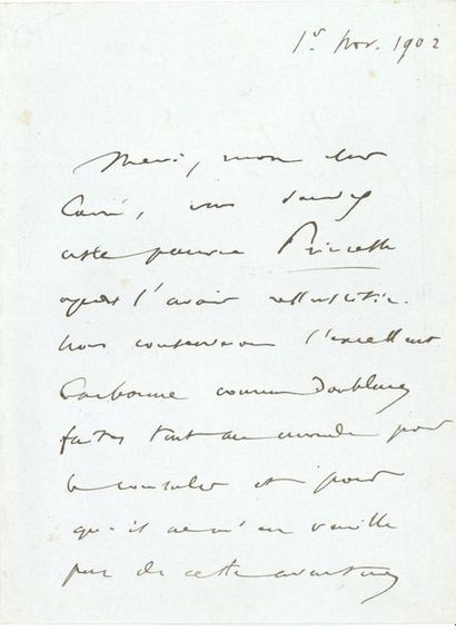 null *Camille SAINT-SAËNS. L.A.S., 1er novembre 1902, à Albert CARRE ; 2 pages in-8.

...