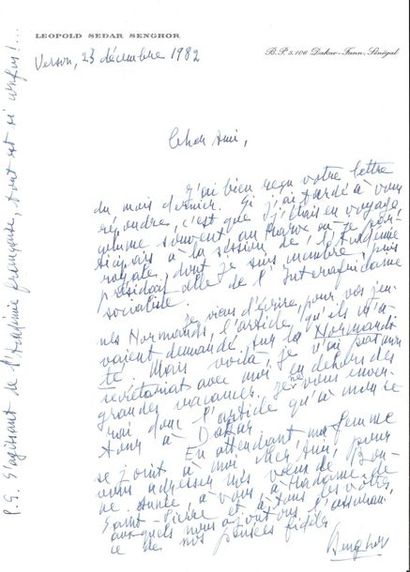 null *Léopold Sédar SENGHOR (1906-2011). L.A.S., Verson 23 décembre 1982, à Michel...