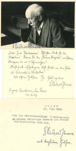 null *Richard STRAUSS (1864-1949). L.A.S., L.S. et photographie signée ; 1 page oblong...