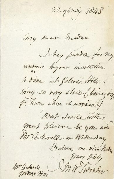 null *Joseph Mallord William TURNER (1775-1851). L.A.S., 22 mai 1848, à Mrs Charles...