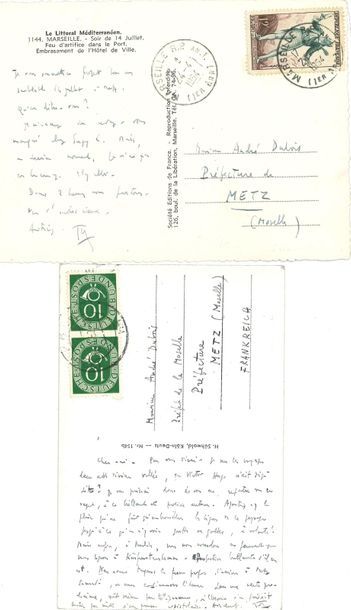null *Pierre BOULEZ (1925-2016). 2 cartes postales a.s., 1952-1954, à André DUBOIS,...