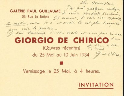 null *Giorgio de CHIRICO. L.A.S., [mai 1934] ; sur carton imprimé oblong in-12 d’invitation...