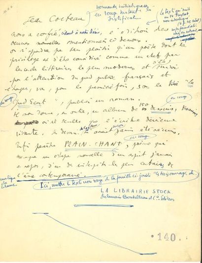 null *Jean COCTEAU (1889-1963). MANUSCRIT autographe, [1923] ; 1 page in-4.

 Publicité...