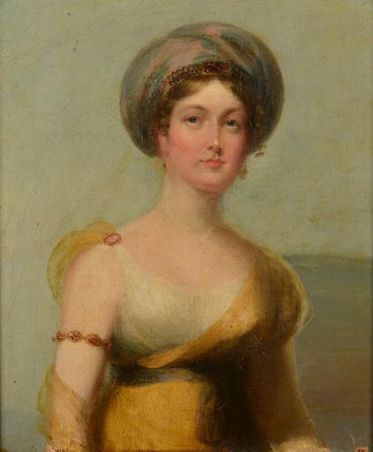 null École du début du XIXe siècle.
Portrait d'une jeune femme au turban bleu.
Huile...