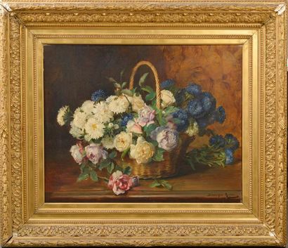 null Dominique ROZIER (1840-1901).
Bouquet de fleurs dans un panier. 
Huile sur toile...