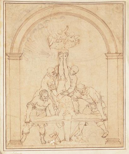 null École italienne du XVIIème siècle. 
La Crucifixion de saint Pierre.
Plume (papier...