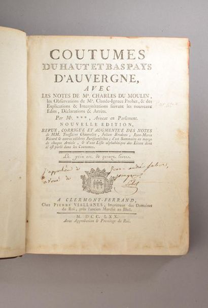 null Du MOULIN (Charles).
Coutumes du Haut et Bas pays d'Auvergne, Pierre Viallanes...