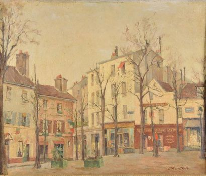null Lucien CHANTRELLE (1890-XXe siècle). 
La Place du Tertre. 
Huile sur toile signée...