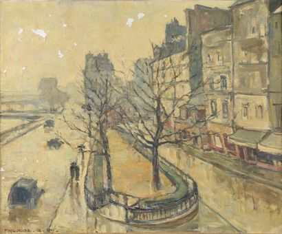 null Maurice FONGUEUSE (XXe siècle). 
"La Rue de la Bûcherie". 
Huile sur toile signée,...