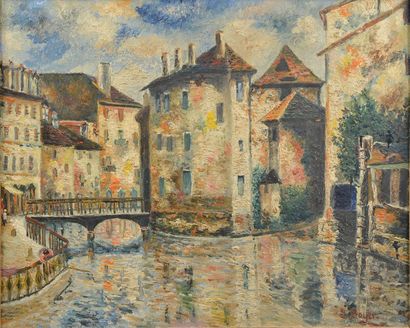 null Émile BOYER (1877-1948). 
La Grande-Ile de Strasbourg.
Huile sur toile signée...