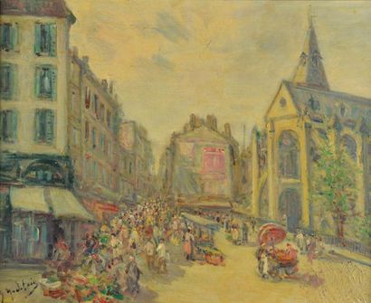 null Gustave MADELAIN (1867-1944).
Marché devant l'église. 
Huile sur toile signée...