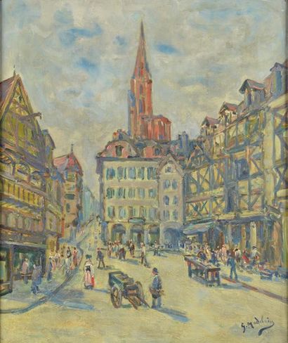 null Gustave MADELAIN (1867-1944).
Rue animée en Normandie.
Huile sur toile signée...