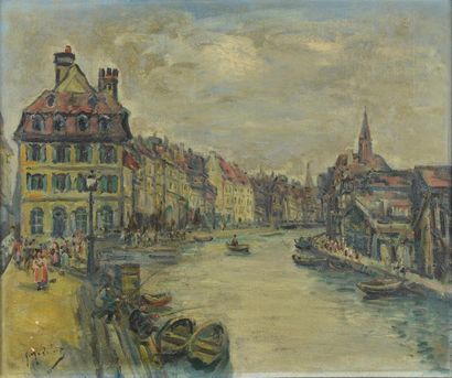 null Gustave MADELAIN (1867-1944).
La bruche à Strasbourg.
Huile sur toile signée...
