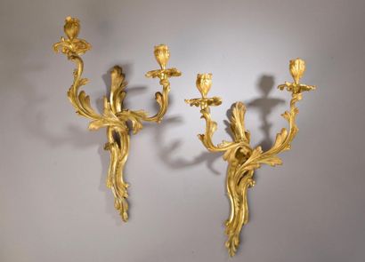 null Paire d'appliques en bronze ciselé et doré, la platine et les deux bras de lumières...