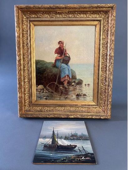 null Set of two framed pieces comprising : 



- "Fishing boats." Oil on panel signed...