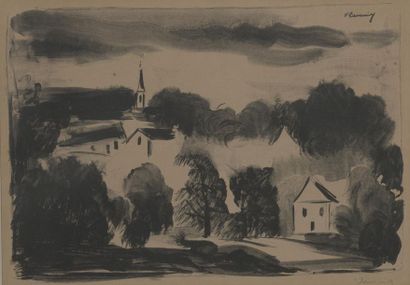 null Maurice de VLAMINCK (1876-1958).
Théméricourt, le clocher dans les arbres. 
Lithographie...