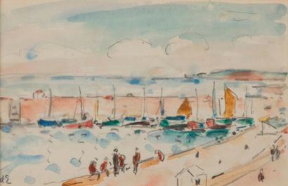 null Georges d'ESPAGNAT (1870-1950).
Vue d'un port animé de personnages.
Aquarelle...