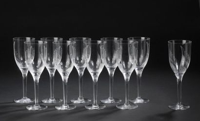null LALIQUE France. 
Ten champagne flutes model "Sourire de Reims" in pressed-moulded...