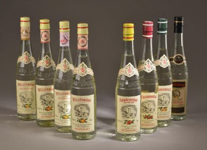 null 8 bouteilles EAUX-DE-VIE Morand (Mirabelle, Abricot, 4 Poire William, Framboise...