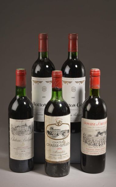 null 5 bouteilles BORDEAUX (2 Mouton-Cadet 1985, 1 Chasse-Spleen 1976 et, MB, 1 Chevalier...