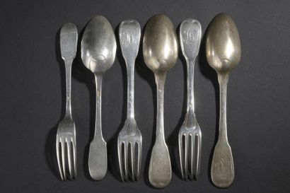 null Set of three silver cutlery in net and uniplat models (impact and deformation)....